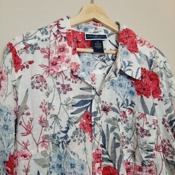 KAREN SCOTT Floral Swiss Dot Button Down Shirt Sz 2X - Picture 3 of 7